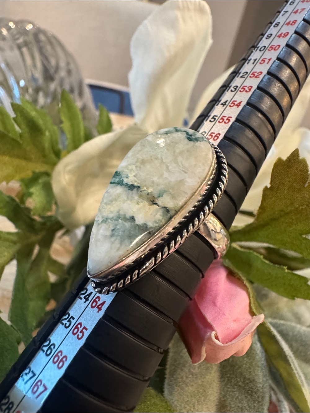 Sterling Silver Teardrop Green-White Jasper Statement Ring